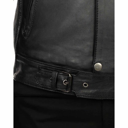 Blouson biker homme slim en véritable cuir noir avec fermeture principale à glissière et rabat Rindway