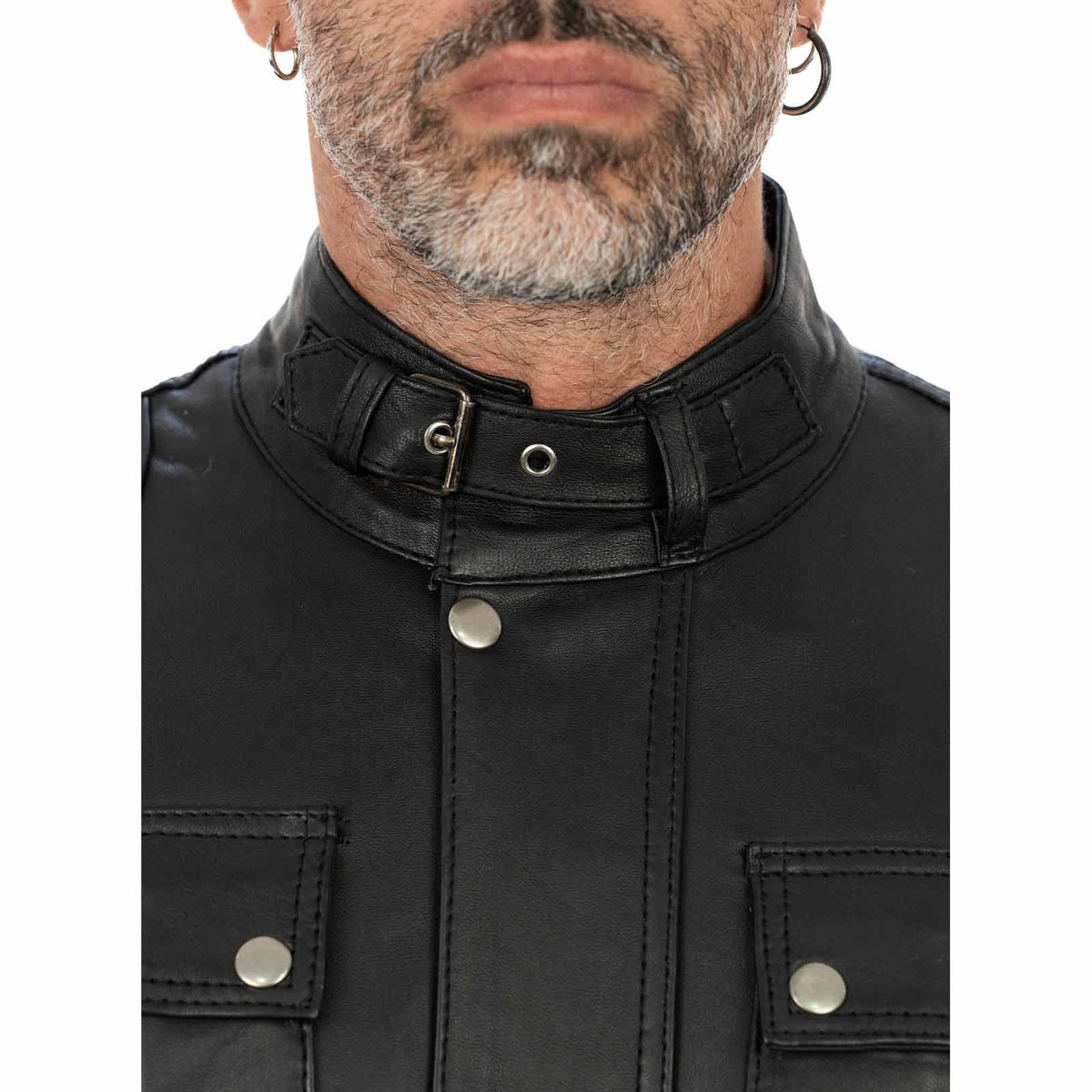 Blouson biker homme slim en véritable cuir noir avec fermeture principale à glissière et rabat Rindway