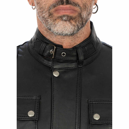 Blouson biker homme slim en véritable cuir noir avec fermeture principale à glissière et rabat Rindway