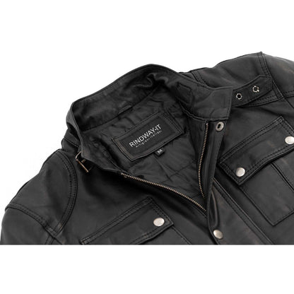 Blouson biker homme slim en véritable cuir noir avec fermeture principale à glissière et rabat Rindway