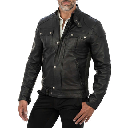 Blouson biker homme slim en véritable cuir noir avec fermeture principale à glissière et rabat Rindway