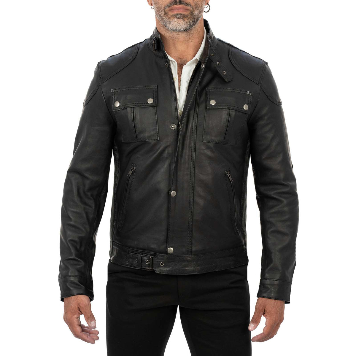 Blouson biker homme slim en véritable cuir noir avec fermeture principale à glissière et rabat Rindway