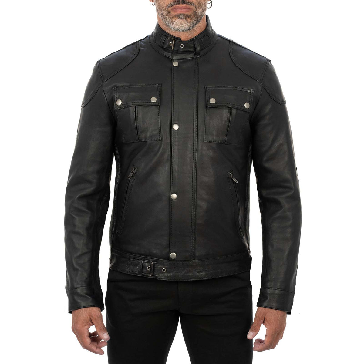 Blouson biker homme slim en véritable cuir noir avec fermeture principale à glissière et rabat Rindway