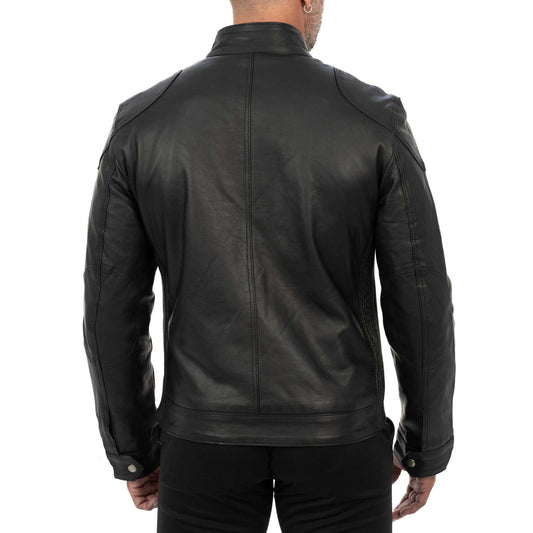 Blouson biker homme slim en véritable cuir noir avec fermeture principale à glissière et rabat Rindway