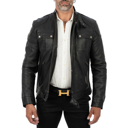 Blouson biker homme slim en véritable cuir noir avec fermeture principale à glissière et rabat Rindway