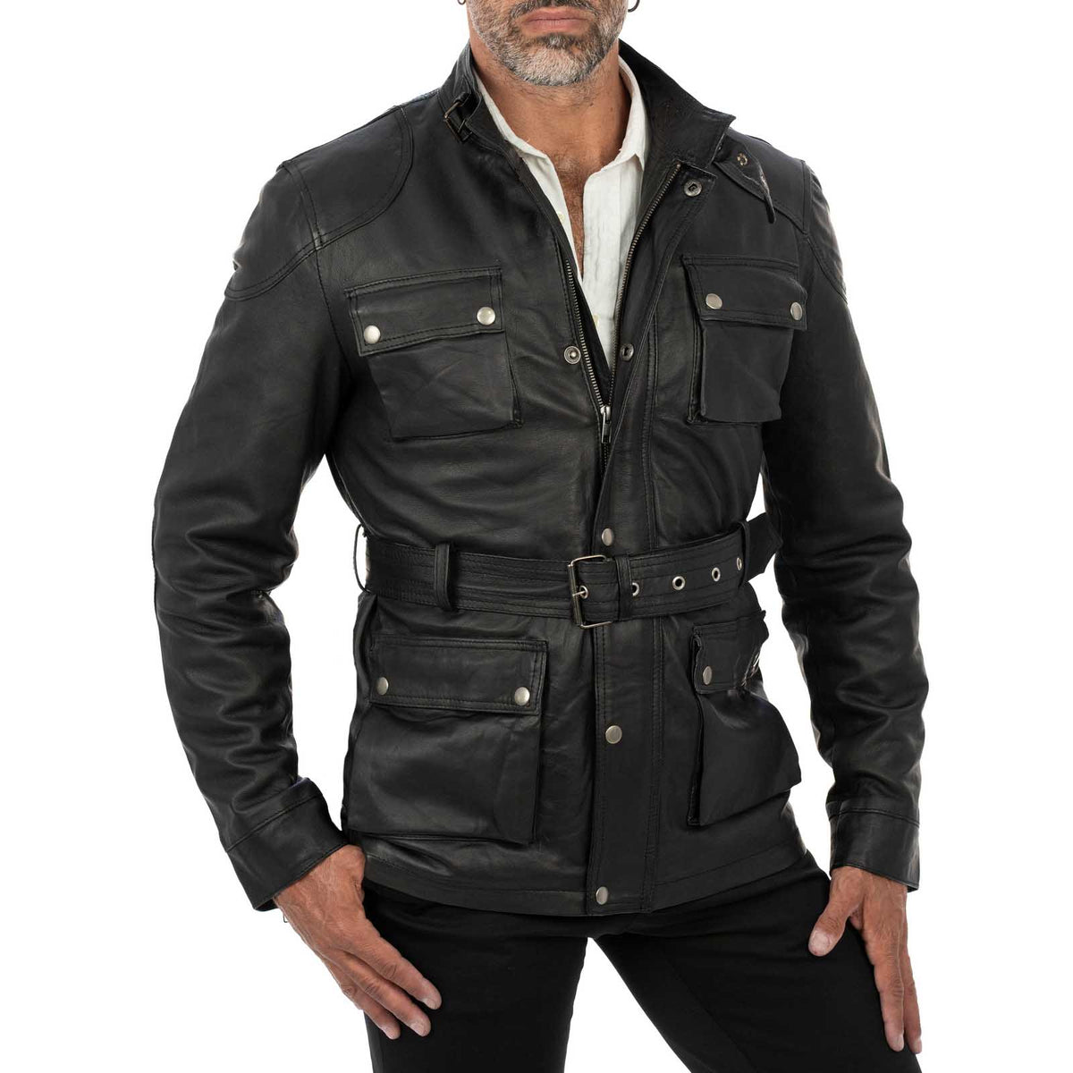 Lange Slim-Lederjacke aus echtem schwarzem Leder für Herren mit großen Taschen und Taillengürtel Rindway