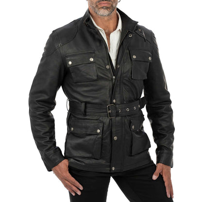 Lange Slim-Lederjacke aus echtem schwarzem Leder für Herren mit großen Taschen und Taillengürtel Rindway