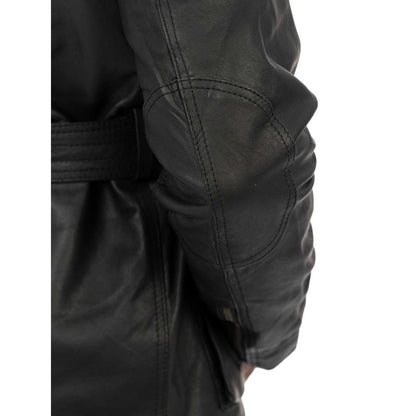 Lange Slim-Lederjacke aus echtem schwarzem Leder für Herren mit großen Taschen und Taillengürtel Rindway