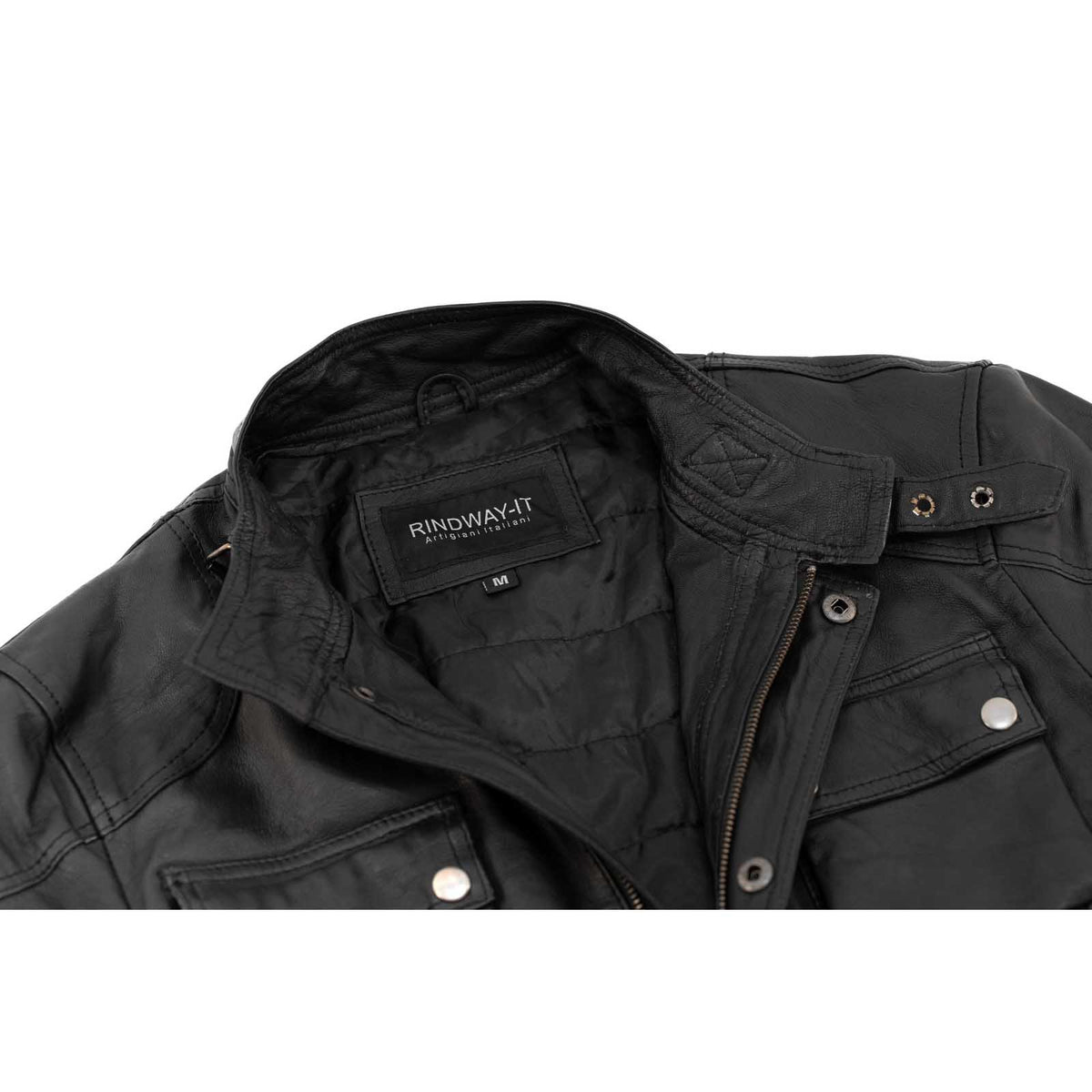Lange Slim-Lederjacke aus echtem schwarzem Leder für Herren mit großen Taschen und Taillengürtel Rindway
