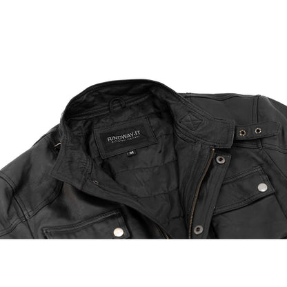 Lange Slim-Lederjacke aus echtem schwarzem Leder für Herren mit großen Taschen und Taillengürtel Rindway