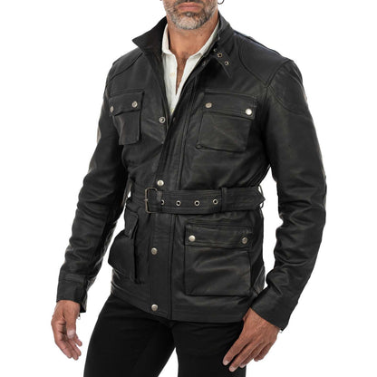 Lange Slim-Lederjacke aus echtem schwarzem Leder für Herren mit großen Taschen und Taillengürtel Rindway
