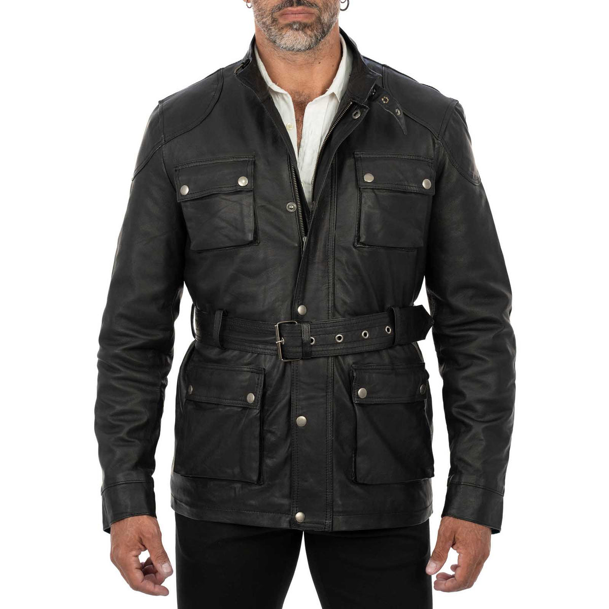 Lange Slim-Lederjacke aus echtem schwarzem Leder für Herren mit großen Taschen und Taillengürtel Rindway