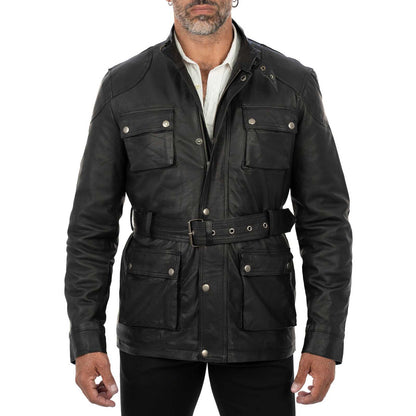 Lange Slim-Lederjacke aus echtem schwarzem Leder für Herren mit großen Taschen und Taillengürtel Rindway