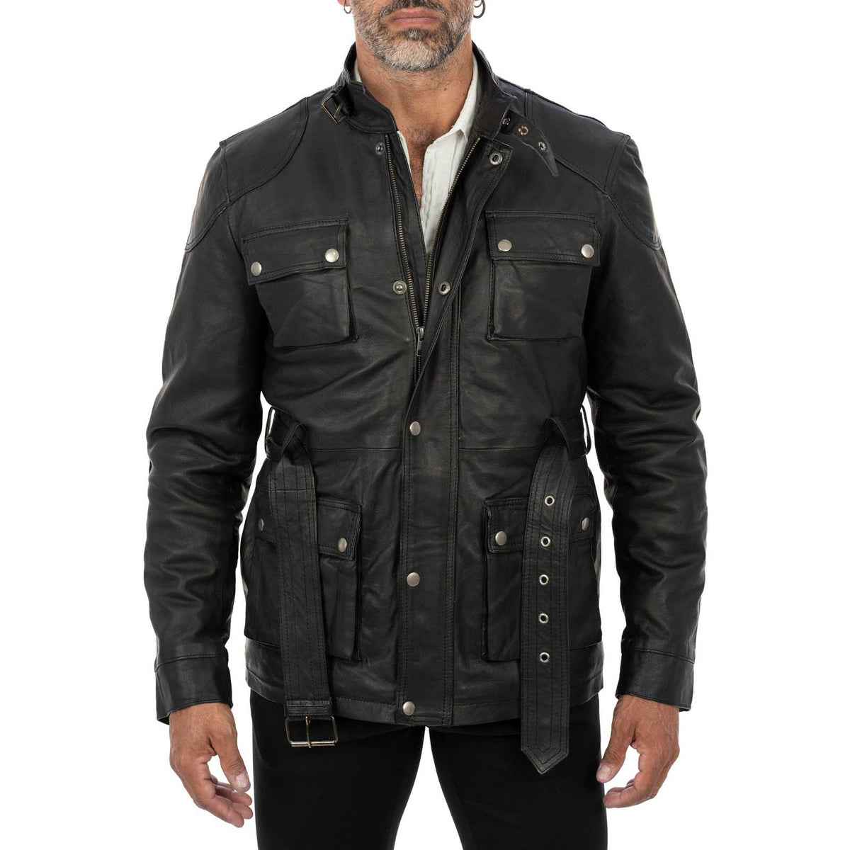Lange Slim-Lederjacke aus echtem schwarzem Leder für Herren mit großen Taschen und Taillengürtel Rindway