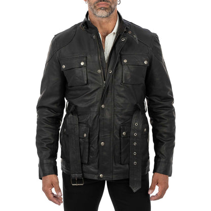 Lange Slim-Lederjacke aus echtem schwarzem Leder für Herren mit großen Taschen und Taillengürtel Rindway