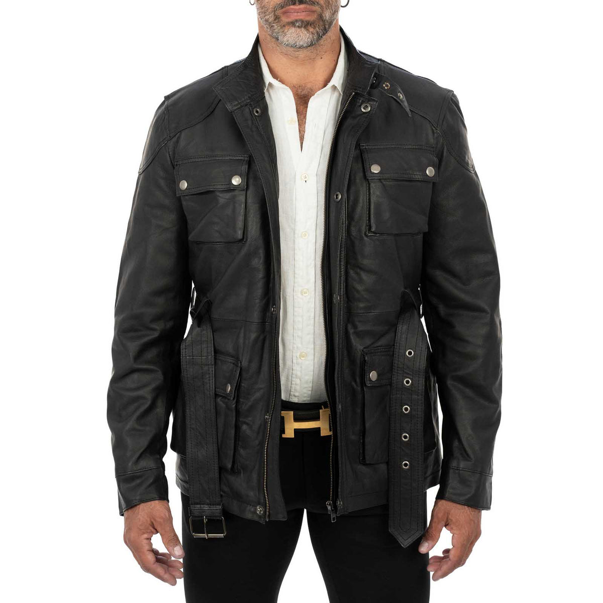 Lange Slim-Lederjacke aus echtem schwarzem Leder für Herren mit großen Taschen und Taillengürtel Rindway