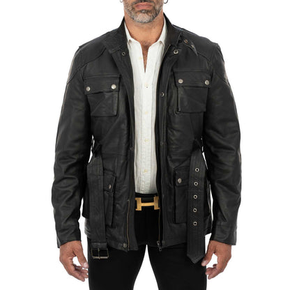Lange Slim-Lederjacke aus echtem schwarzem Leder für Herren mit großen Taschen und Taillengürtel Rindway