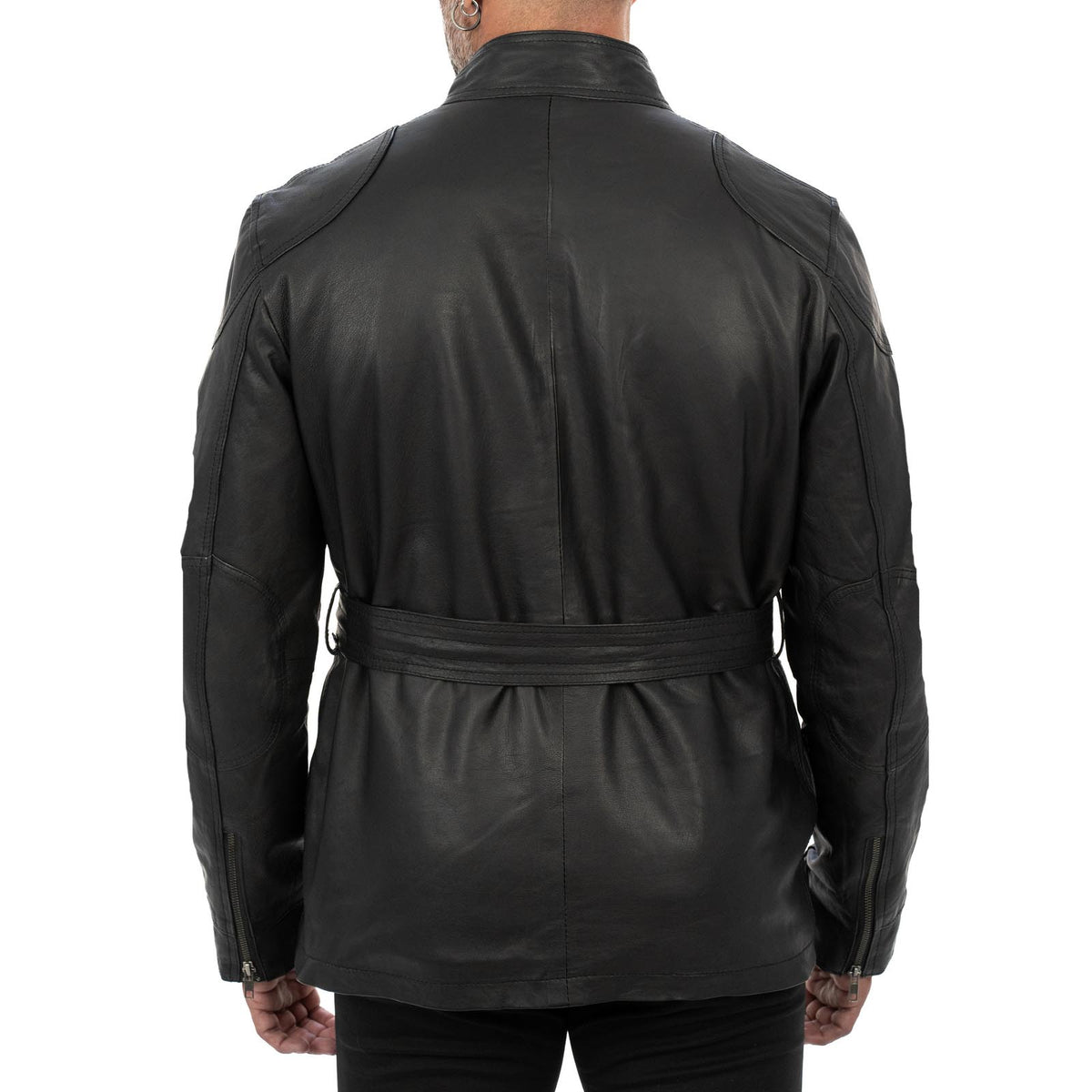 Lange Slim-Lederjacke aus echtem schwarzem Leder für Herren mit großen Taschen und Taillengürtel Rindway