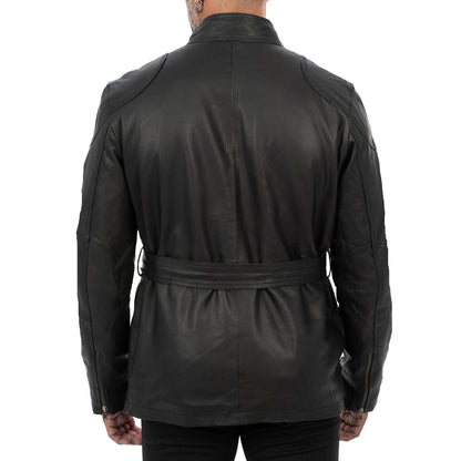 Lange Slim-Lederjacke aus echtem schwarzem Leder für Herren mit großen Taschen und Taillengürtel Rindway