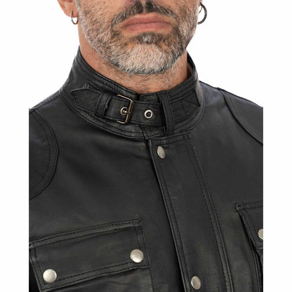 Lange Slim-Lederjacke aus echtem schwarzem Leder für Herren mit großen Taschen und Taillengürtel Rindway