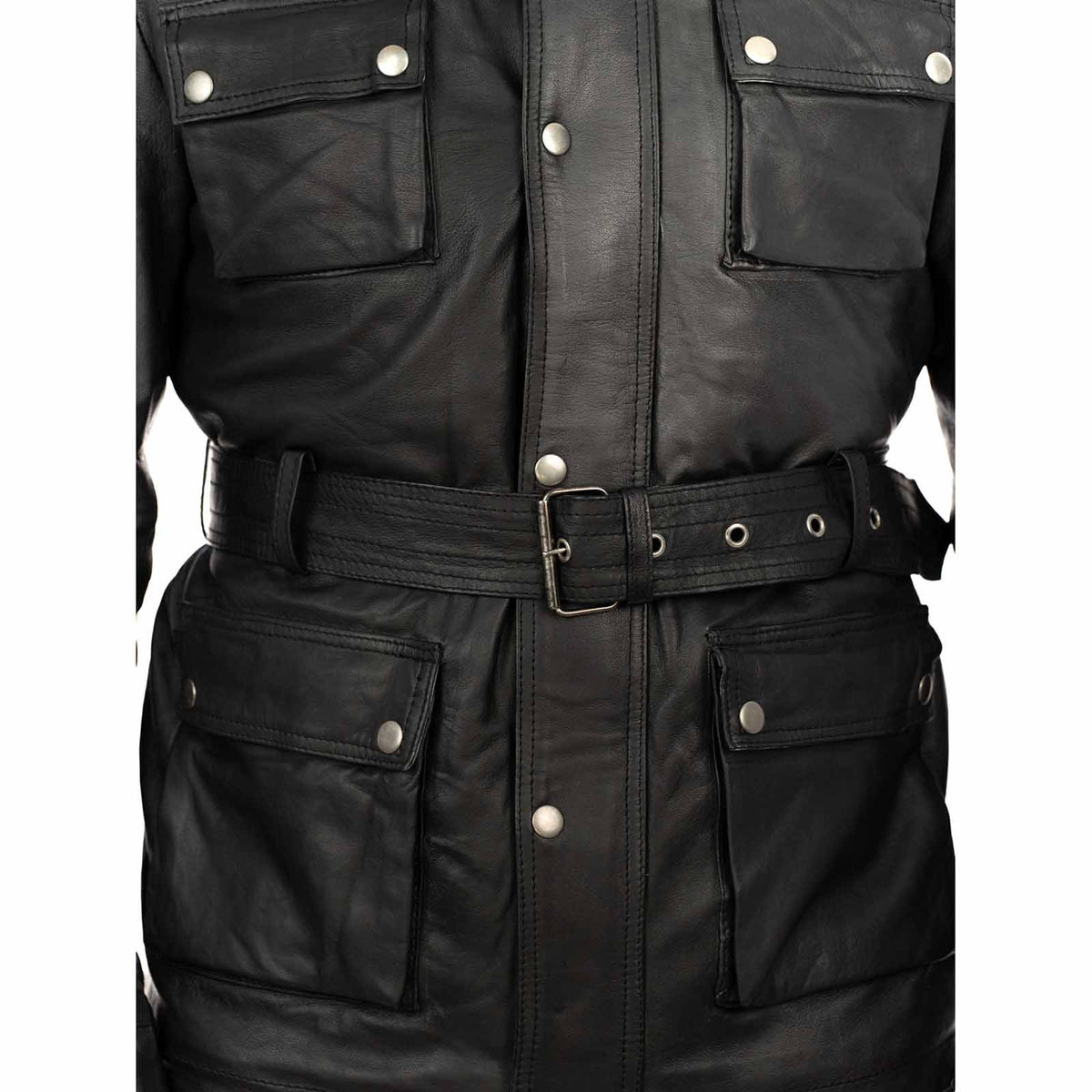 Lange Slim-Lederjacke aus echtem schwarzem Leder für Herren mit großen Taschen und Taillengürtel Rindway
