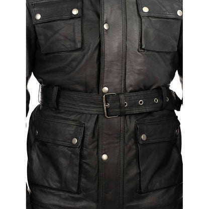 Lange Slim-Lederjacke aus echtem schwarzem Leder für Herren mit großen Taschen und Taillengürtel Rindway