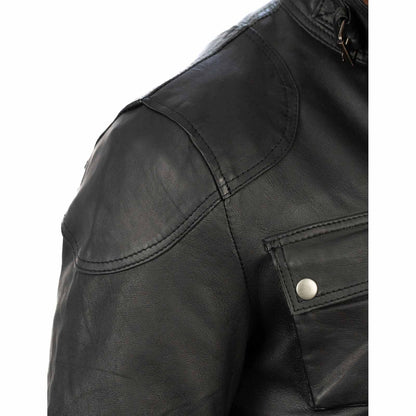 Lange Slim-Lederjacke aus echtem schwarzem Leder für Herren mit großen Taschen und Taillengürtel Rindway