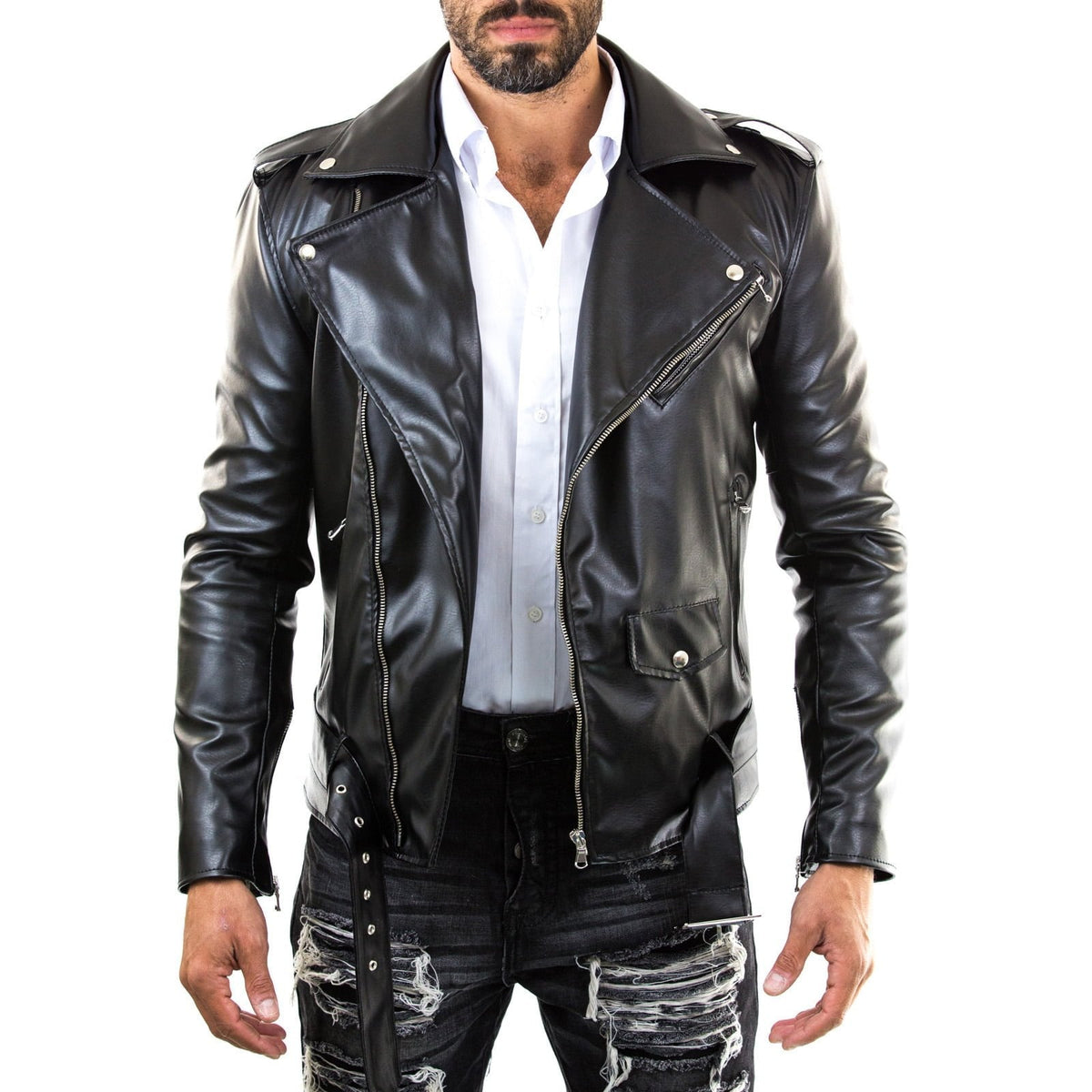 Bikerjacke aus echtem schwarzem Leder für Herren im Slim-Fit mit rotem Innenfutter, Rindway