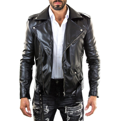 Bikerjacke aus echtem schwarzem Leder für Herren im Slim-Fit mit rotem Innenfutter, Rindway