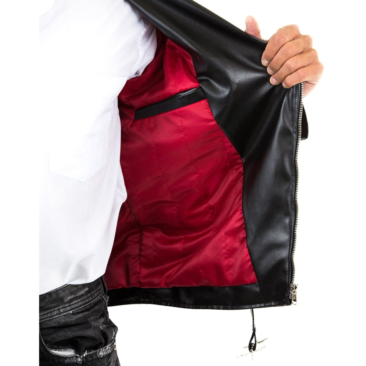 Bikerjacke aus echtem schwarzem Leder für Herren im Slim-Fit mit rotem Innenfutter, Rindway