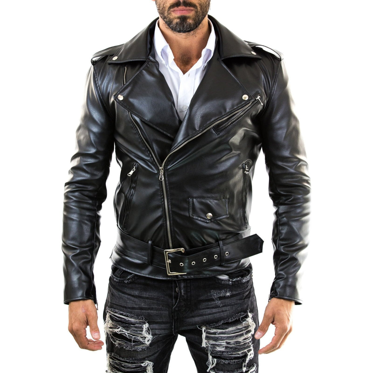 Bikerjacke aus echtem schwarzem Leder für Herren im Slim-Fit mit rotem Innenfutter, Rindway
