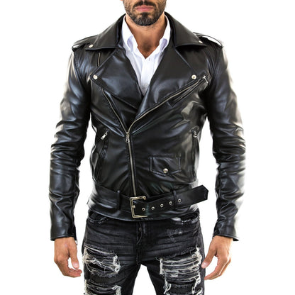 Bikerjacke aus echtem schwarzem Leder für Herren im Slim-Fit mit rotem Innenfutter, Rindway