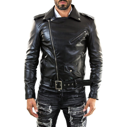 Bikerjacke aus echtem schwarzem Leder für Herren im Slim-Fit mit rotem Innenfutter, Rindway
