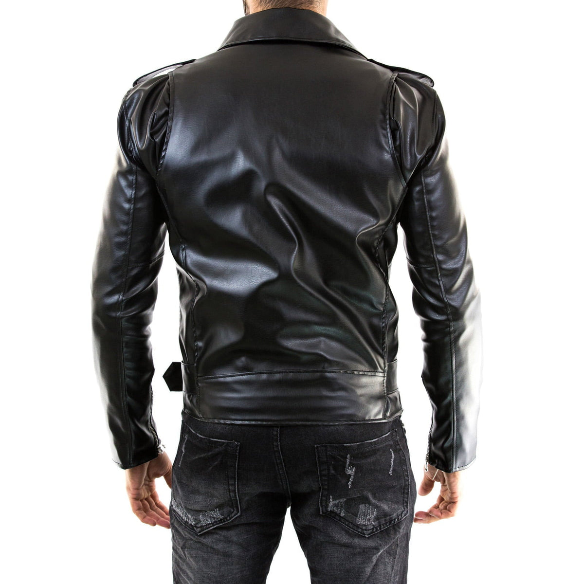 Bikerjacke aus echtem schwarzem Leder für Herren im Slim-Fit mit rotem Innenfutter, Rindway