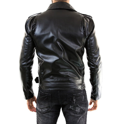 Bikerjacke aus echtem schwarzem Leder für Herren im Slim-Fit mit rotem Innenfutter, Rindway