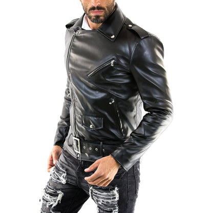 Bikerjacke aus echtem schwarzem Leder für Herren im Slim-Fit mit rotem Innenfutter, Rindway