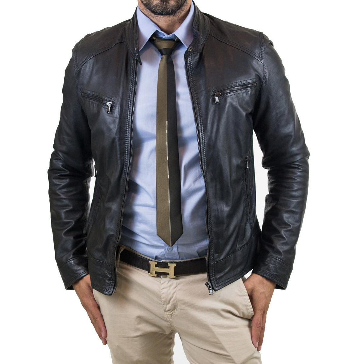 Bikerjacke aus echtem schwarzem Leder, Herren-Slim-Fit, vier Taschen, Reißverschluss, Rindway