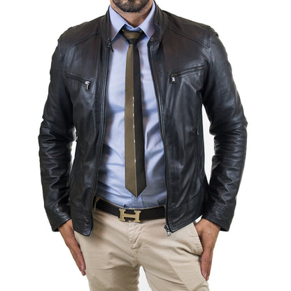 Bikerjacke aus echtem schwarzem Leder, Herren-Slim-Fit, vier Taschen, Reißverschluss, Rindway