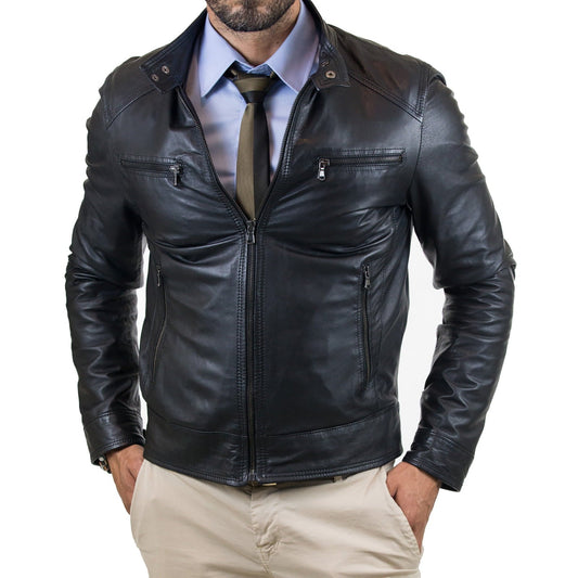 Blouson biker homme slim en véritable cuir noir avec quatre poches et fermeture à glissière Rindway