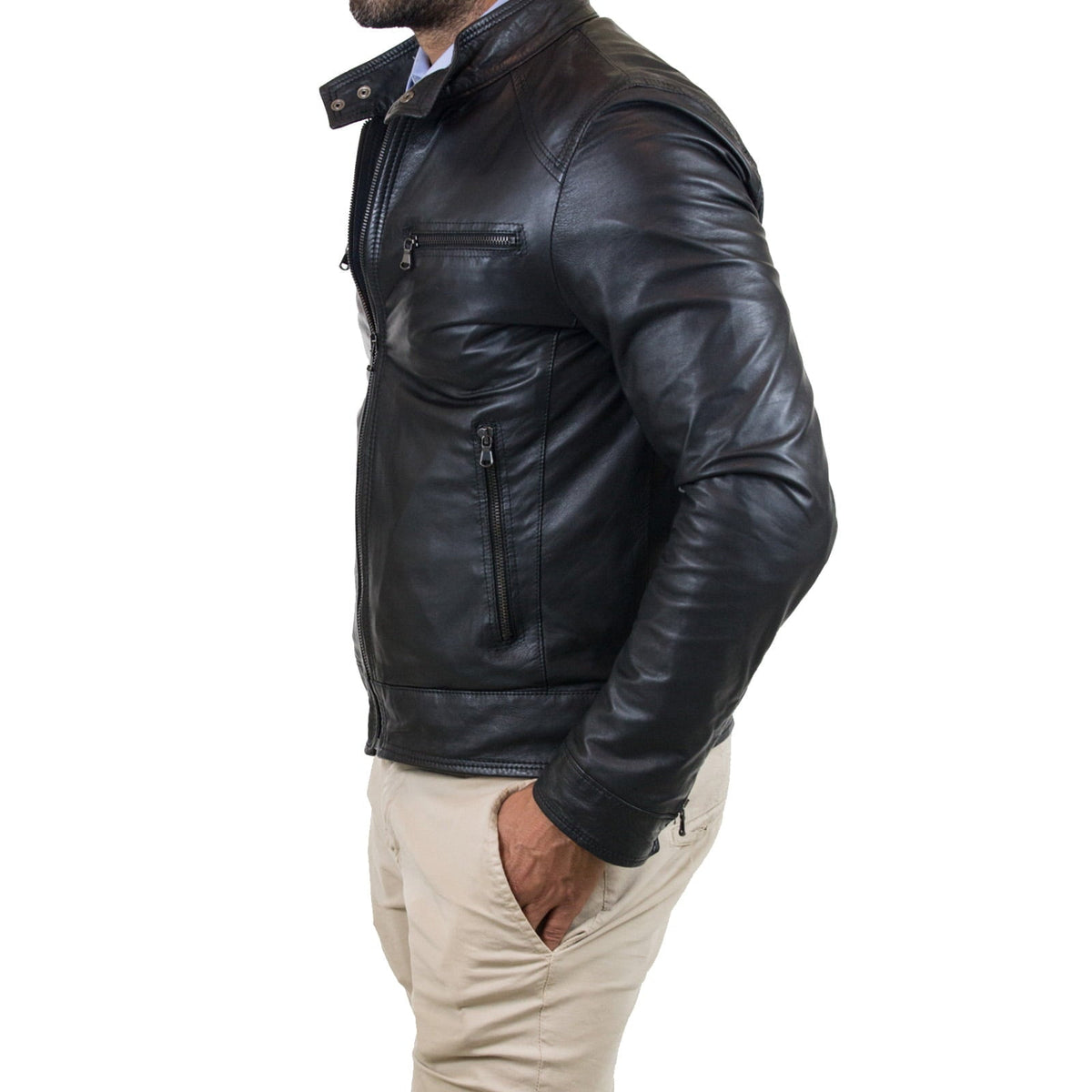 Slim-Bikerjacke aus echtem braunem Leder für Herren mit vier Taschen und Reißverschluss Rindway