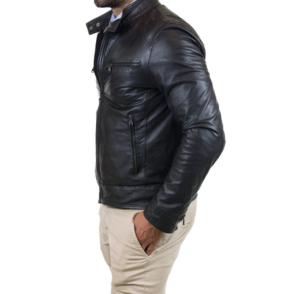 Slim-Bikerjacke aus echtem braunem Leder für Herren mit vier Taschen und Reißverschluss Rindway