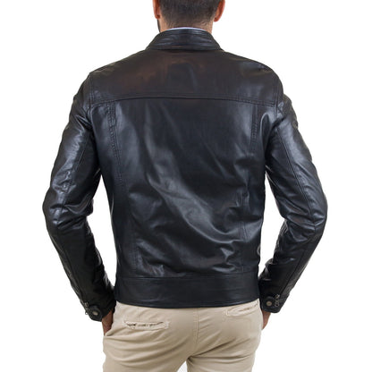 Bikerjacke aus echtem schwarzem Leder, Herren-Slim-Fit, vier Taschen, Reißverschluss, Rindway