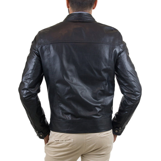 Blouson biker homme slim en véritable cuir noir avec quatre poches et fermeture à glissière Rindway