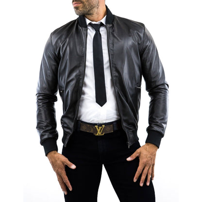 Chaqueta bomber de piel auténtica marrón para hombre, corte slim, cuello college Rindway