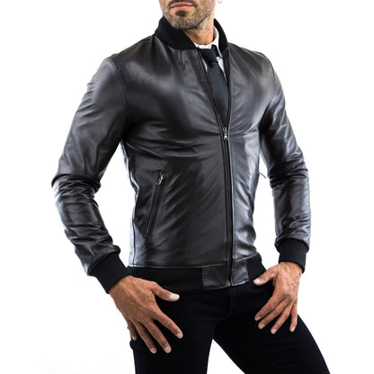 Chaqueta bomber de piel auténtica marrón para hombre, corte slim, cuello college Rindway
