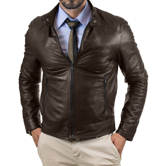 Braune Bikerjacke aus echtem Leder für Herren, Slim Fit, Kragen mit Knöpfen, Rindway