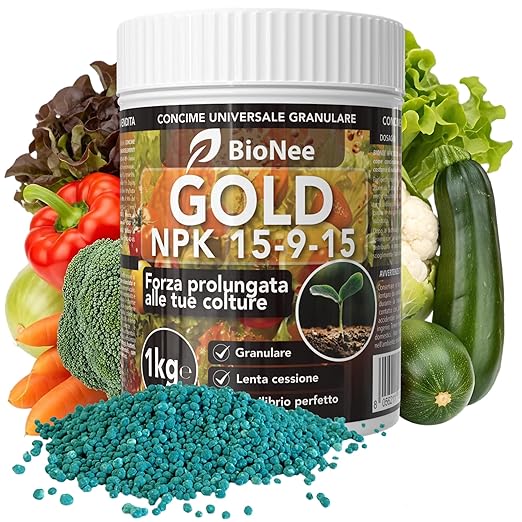 BIONEE NPK GOLD 15-9-15 – Engrais Universel à Libération Lente pour Potager, Verger, Pelouse et Plantes Ornementales – Avec Magnésium, Soufre et Fer – 1 kg