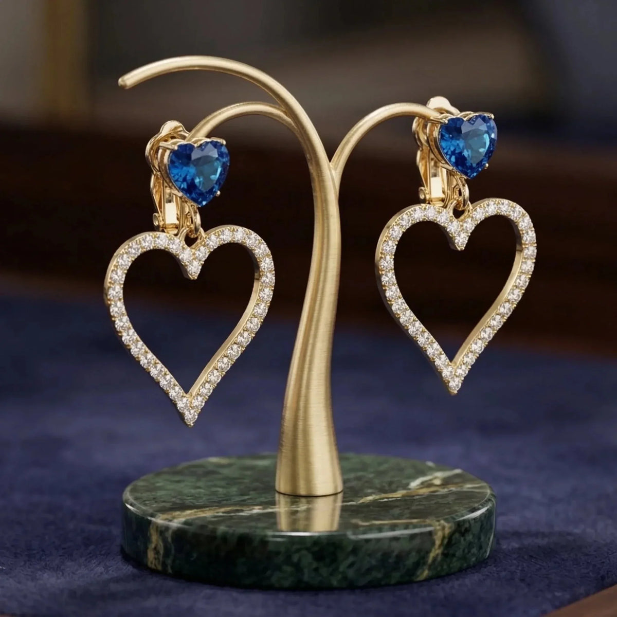 Orecchini Pendenti a Cuore Cristallo Blu