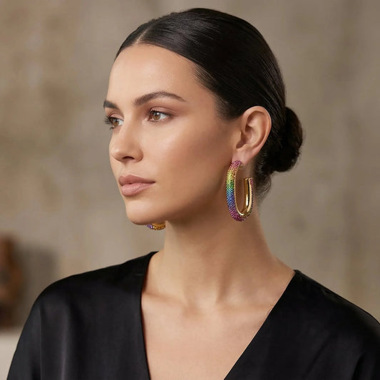 U-Hoop Earrings with Rainbow Crystals