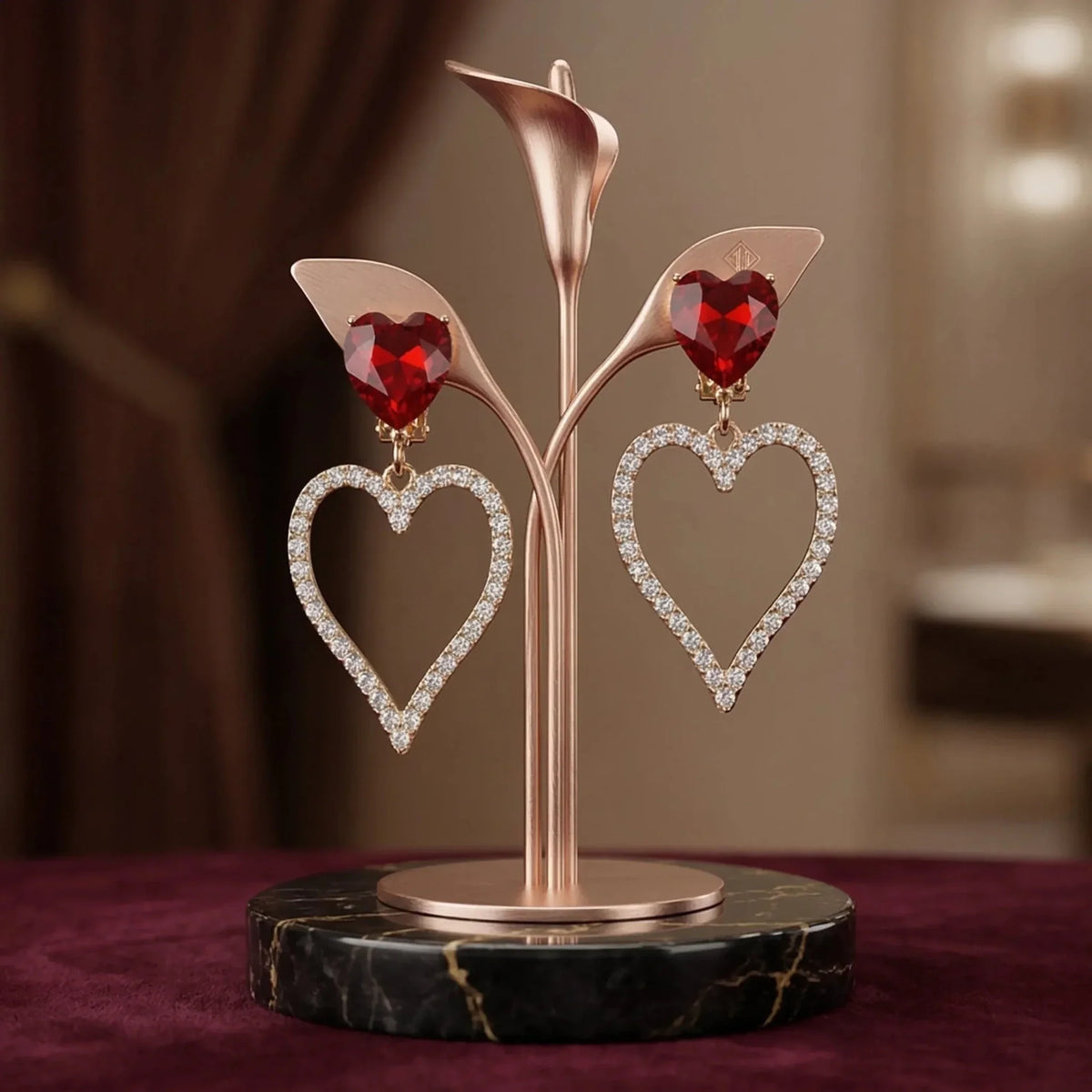 Orecchini a Cuore con Cristallo Rosso